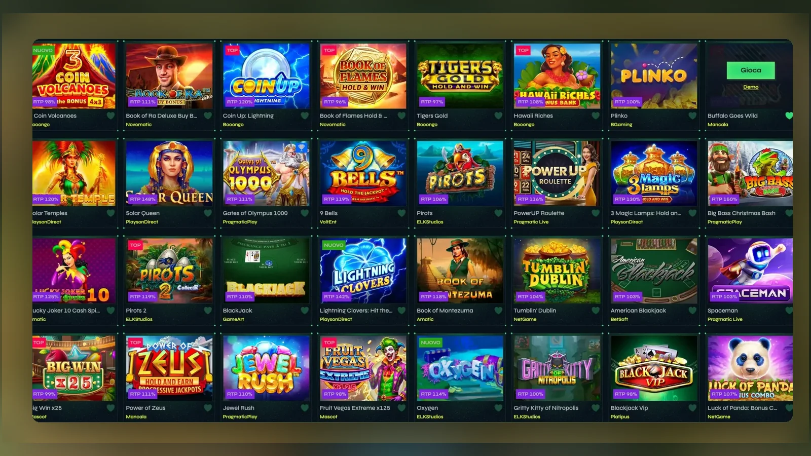 Una griglia di lobby con giochi di studi noti: un buon segno sul catalogo, non sulla licenza
