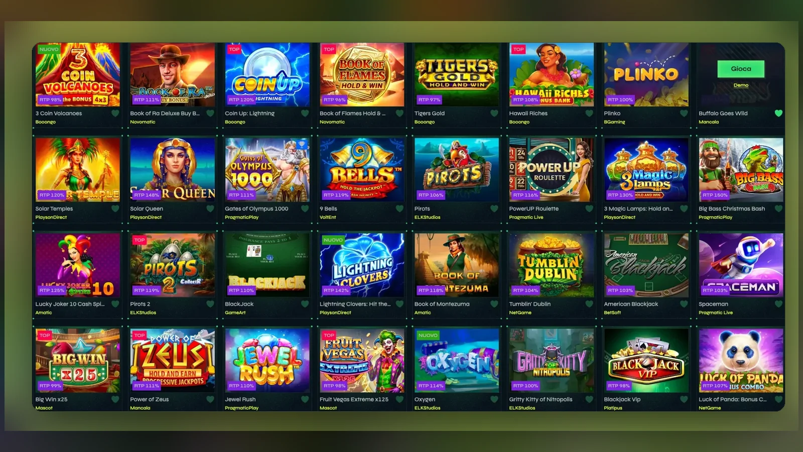 Una schermata di lobby slot, dove si gioca il saldo bonus senza alcun codice