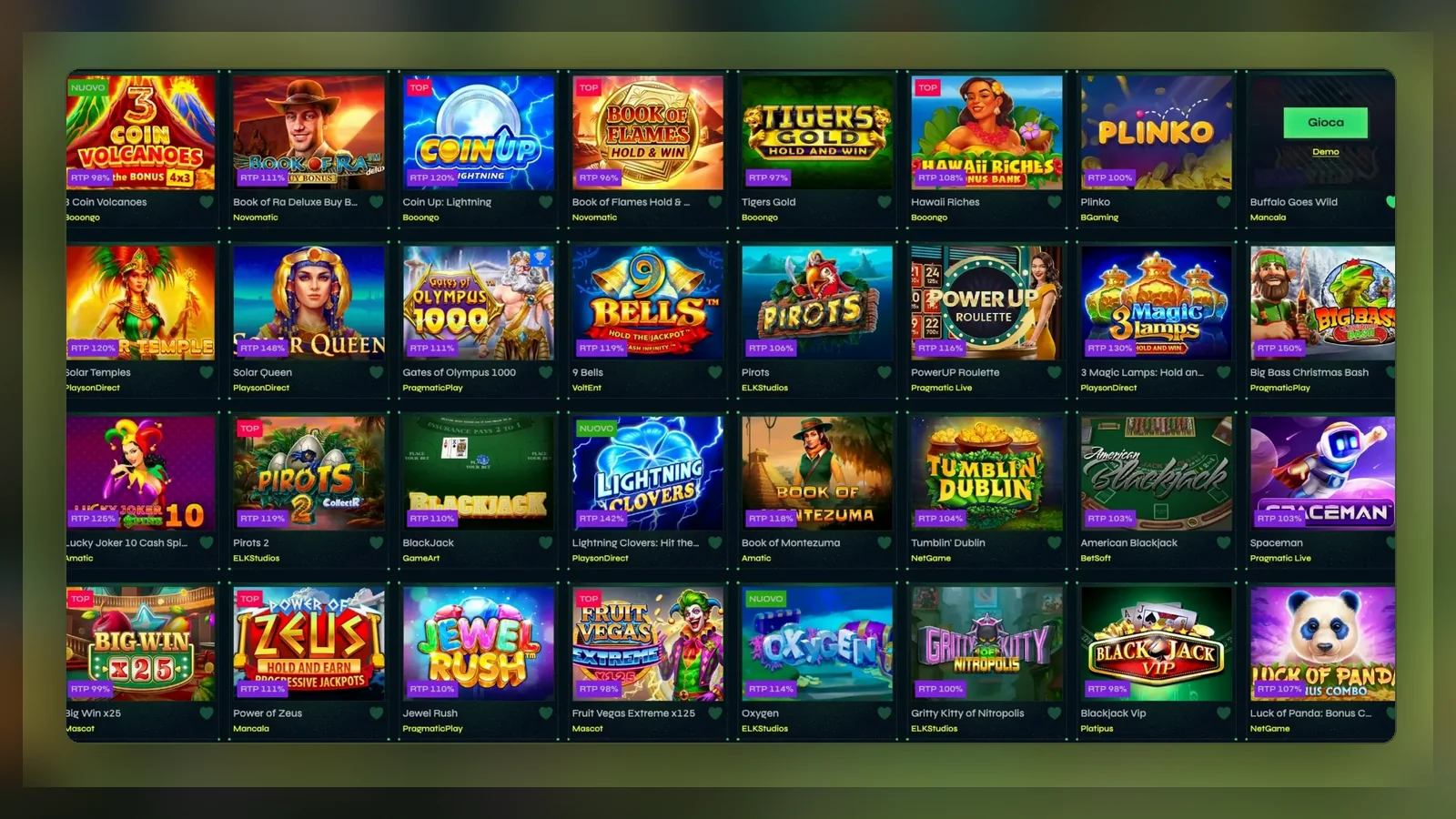 Una schermata di lobby a griglia, con slot e tavoli raggiungibili dopo l'accesso
