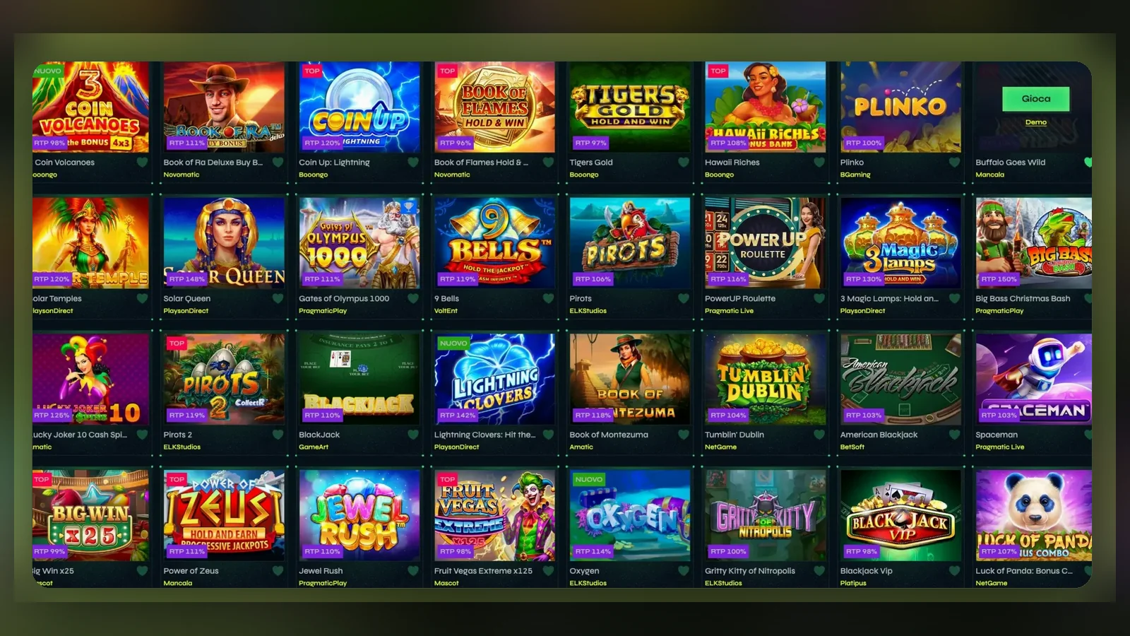 Una schermata di lobby a griglia con slot, tavoli e studio di ogni gioco